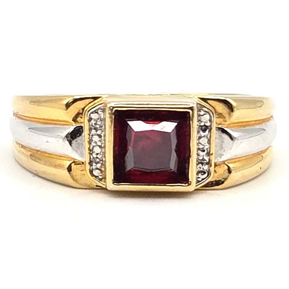 Danbury Mint Mens Ring Two Tone Gold Band Red Garnet and Diamond Accent Size 10